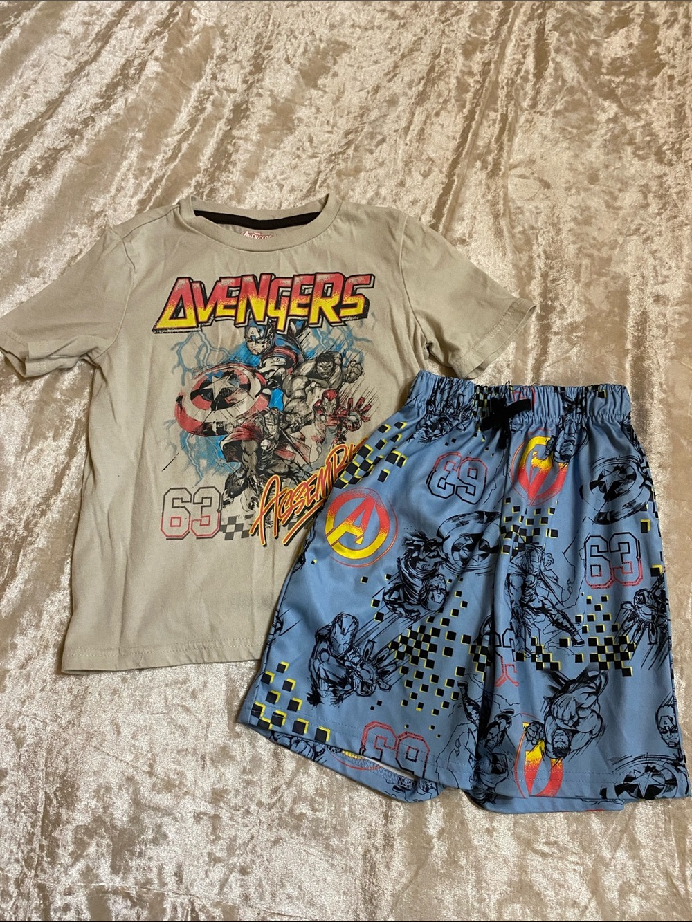 Marvel Avengers Tan Graphic Tee with Blue Avengers Swim Shorts